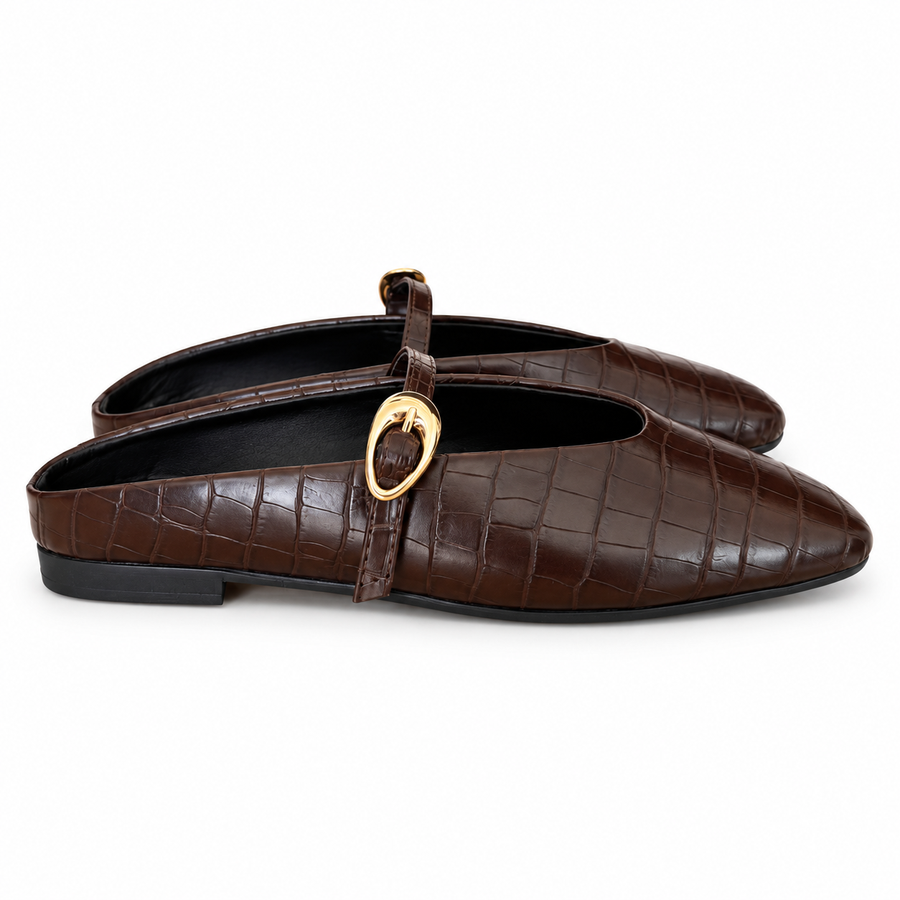 EVA COCO MULE -  Flats Mary Jane Punta Cuadrada Textura cocodrilo chocolate