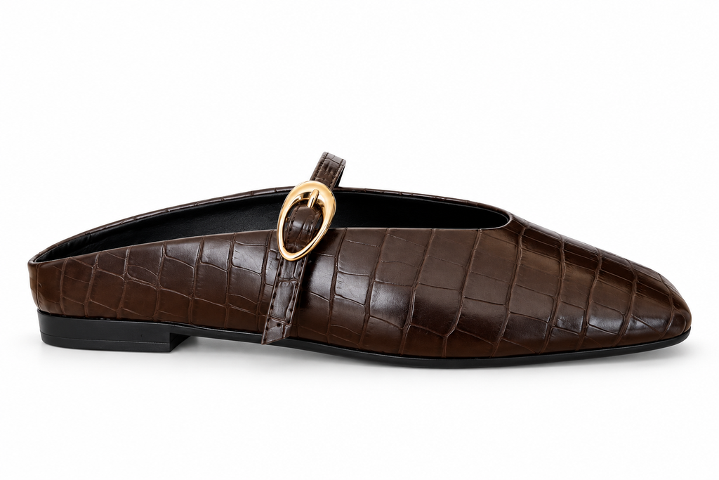 EVA COCO MULE -  Flats Mary Jane Punta Cuadrada Textura cocodrilo chocolate