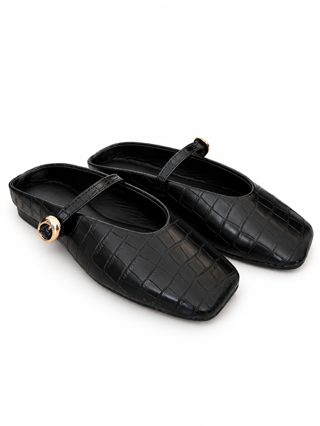 EVA COCO MULE -  Flats Mary Jane Punta Cuadrada Textura cocodrilo negro