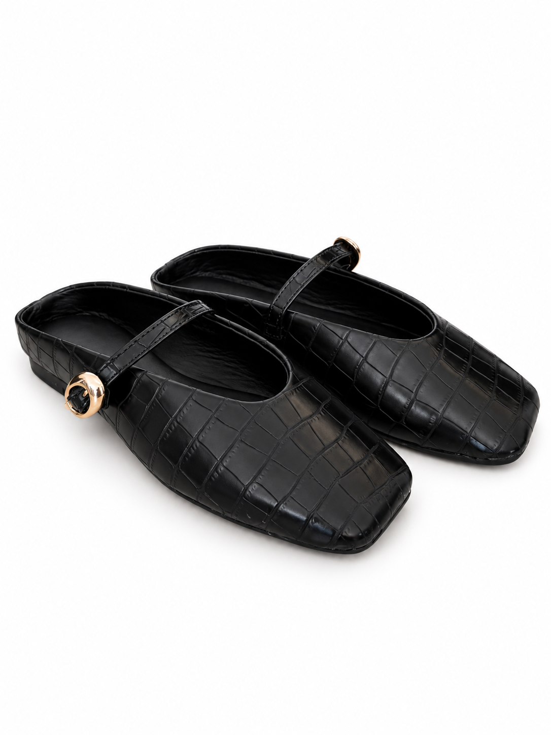 EVA COCO MULE -  Flats Mary Jane Punta Cuadrada Textura cocodrilo negro