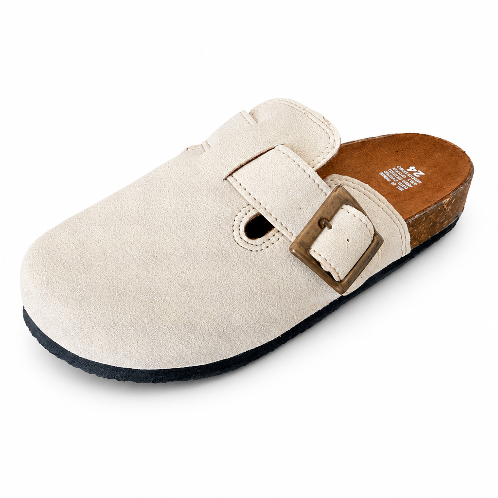 Bricket Marfil – Zuecos Destalonados de Gamuza Beige con Hebilla